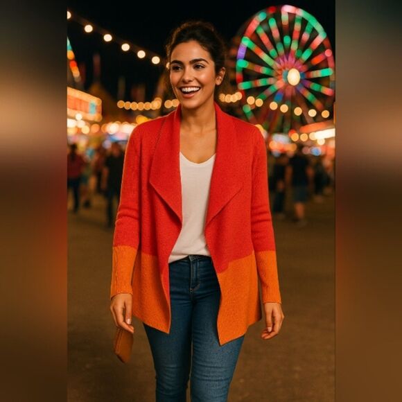 J.Jill Colorblock Cardigan Petite S Waterfall Open Frt Pink Orange Cotton Blend - Picture 1 of 8